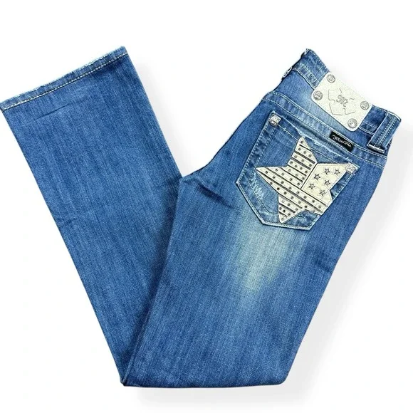 Miss Me Jeans Womens 27 Blue Bootcut Embroidered Stars Stripe Pockets Rhinestone - Picture 15 of 16